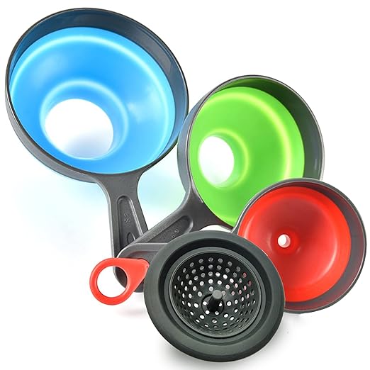 Delove Canning Funnel with Strainer - Wide Mouth Food Funnels for Kitchen Use - Mason Jars Canning Supplies Kit Tools - Funnels for Filling Bottles - Food Grade Silicone -4 Pack by Delove