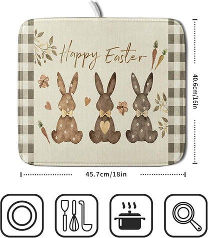 Giwawa Happy Easter Dish Drying Mat for Countertop, 16"x18" Cute Bunny Rabbits Eggs Carrot Dish Drainer Mats, Bufflao Plaids Fast Dry Microfiber Large Dish Drying Pad Kitchen Accessories Decor