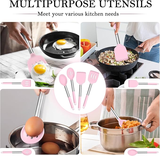 TeamFar Kitchen Utensils, 4 PCS Silicone Cooking Utensils Spatula Spoon Set with Stainless Steel Handle, for Frying Mixing Draining Turning, Healthy & Heat-proof, Non-stick & Dishwasher Safe - Pink - Image 6