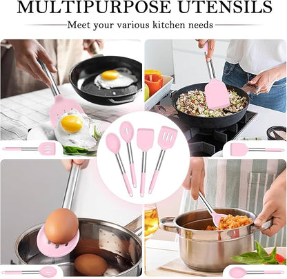 TeamFar Kitchen Utensils, 4 PCS Silicone Cooking Utensils Spatula Spoon Set with Stainless Steel Handle, for Frying Mixing Draining Turning, Healthy & Heat-proof, Non-stick & Dishwasher Safe - Pink - Image 6