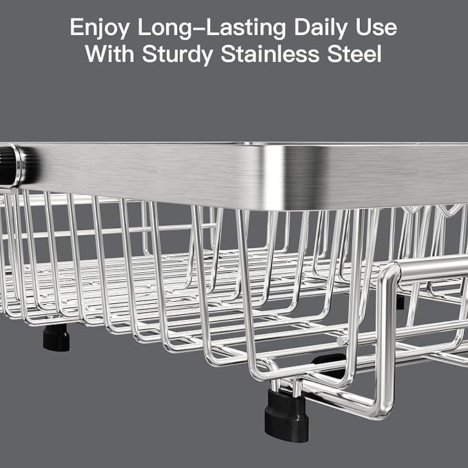 MAJALiS Dish Drying Rack Over The Sink, Expandable Stainless Steel Dish Drainer for Small Kitchen Counter Space Saving, RV Compact Plate Strainer In Silver Metal with Hanging Adjustable Utensil Holder - Image 5