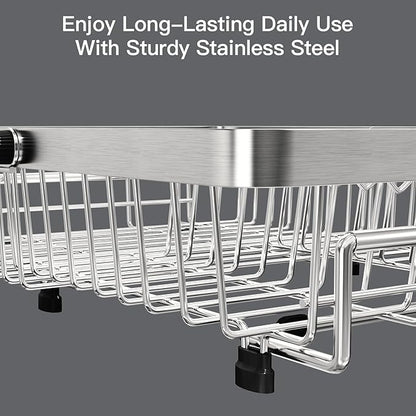 MAJALiS Dish Drying Rack Over The Sink, Expandable Stainless Steel Dish Drainer for Small Kitchen Counter Space Saving, RV Compact Plate Strainer In Silver Metal with Hanging Adjustable Utensil Holder - Image 5