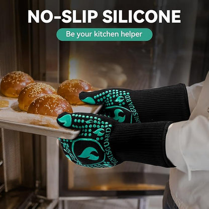 BBQ & Grill Gloves, Oven Gloves, 1472°F Silicone Oven Mitts Heat Resistant Grilling Gloves Fireproof Non-Slip for Barbecue Cooking Baking Smoking, 1-Pair (Green, Medium)