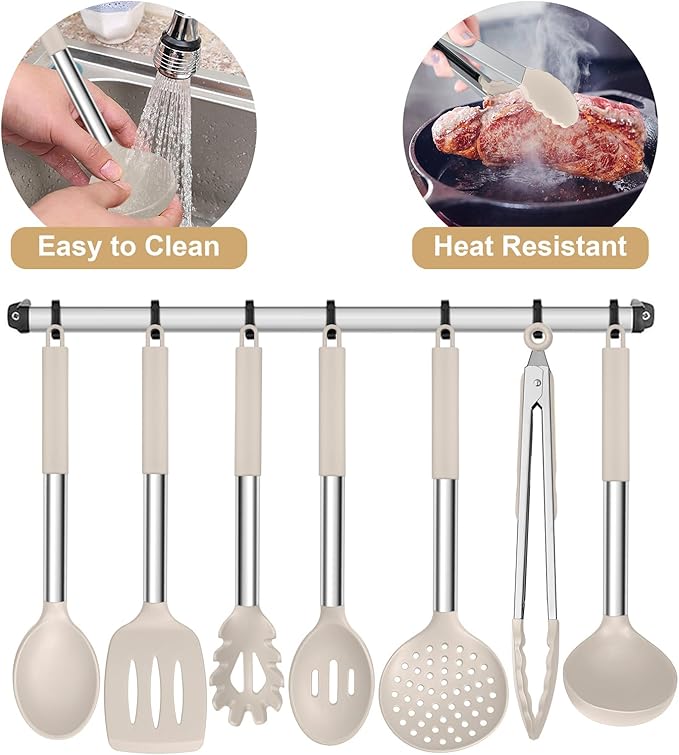 E-far Silicone Cooking Utensils Set, 7 Pcs Heat Resistant Kitchen Utensils with Stainless Steel Handle, Slotted Turner, Spoon, Soup Ladle, Pasta Server, Skimmer, Tongs for Nonstick Cookware, Khaki - Image 6