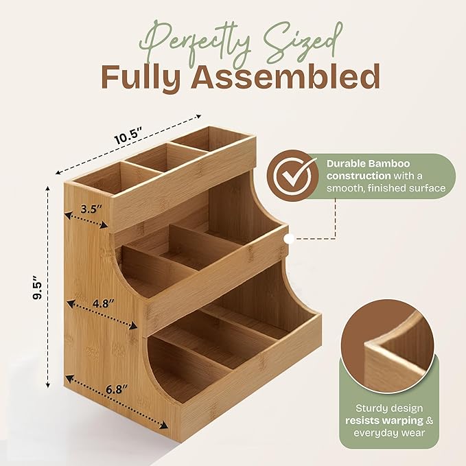 Tea bag organizer with 3-tier storage & 4 matching coasters. Fully assembled. Deluxe bamboo tea organizer for tea bags, coffee pods, condiments and pantry organization. Holds up to 180 tea bags.