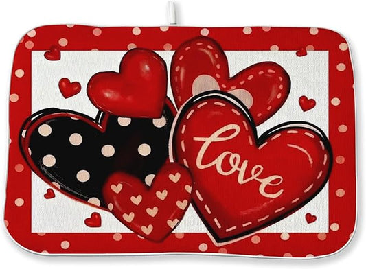 Valentines Dish Drying Mat 18x24 Inch Black Red Hearts Dish Drainer Protector Pad for Kitchen Counter Absorbent Holiday Love Drying Pad for Drainer Rack Kitchen Fast Dry