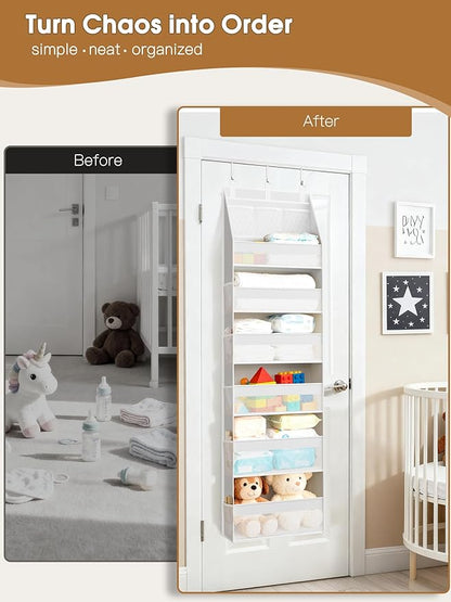 Criusia Over the Door Organizer, Heavy-Duty 6-Shelf Hanging Storage with 13 Mesh Pockets, 55lbs Capacity Behind the Door Storage for Nursery, Bathroom, Bedroom, and Dorm, White - Image 2