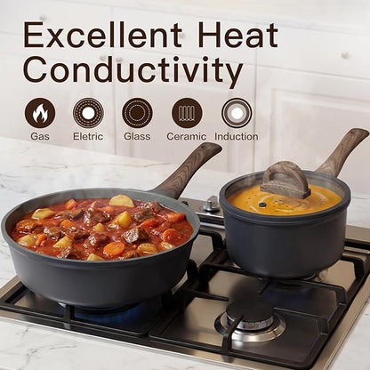 Pots and Pans Set Nonstick 22 Pcs, Ceramic cookware set Non-Toxic CoatingGray Granite Kitchen Cookware Set, Induction Kitchen Cooking Set w/Frying Pans, Saucepans & Glass Lids, PFOS & PFOA Free - Image 2