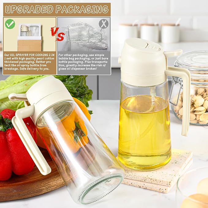 Oil Sprayer for Cooking 2pcs,2 in 1 Oil Dispenser and Oils Sprayer Kitchen Gadgets-16oz Glass Oils Spray Bottle,Mist Olive OilDispenser,Air Fryer,Salad,Grill (White Kitchen Accessories) - Image 5