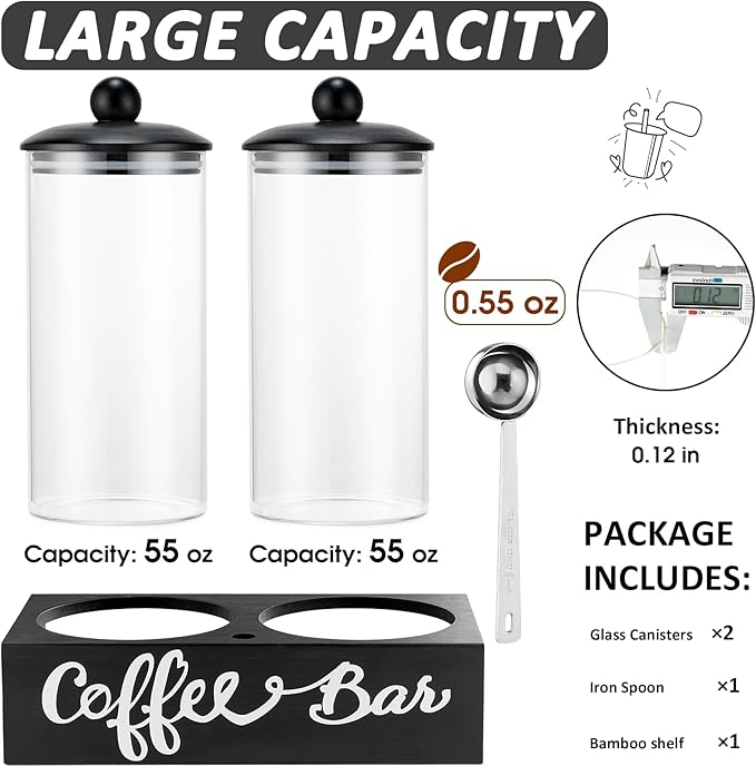 Yangbaga Glass Sugar Coffee Canister for Ground Coffee,2×55OZ Coffee Containers with Handle Shelf Coffee Bar Station Accessories Organizer Decor,Food Storage Jars with Iron Scoop for Kitchen - Image 2