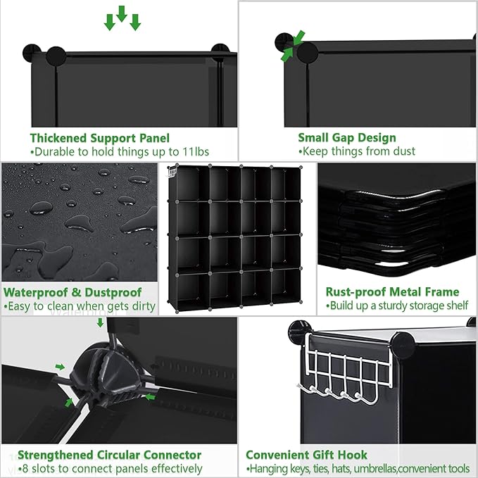 C&AHOME Cube Storage Organizer, 16-Cube Shelves Units, Plastic Storage Cubes, DIY Closet Organizer, Modular Closet Storage Shelves Ideal for Home, Bedroom, 48.4" L × 12.4" W × 48.4" H Black SUM3016H - Image 6