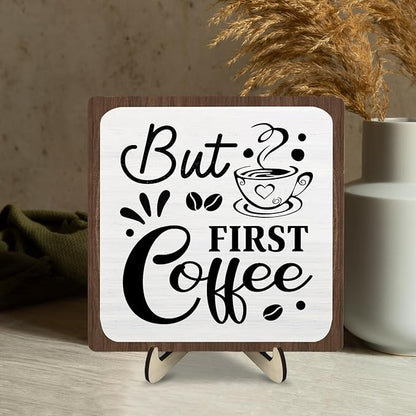 Coffee Bar Sign Plaque, Coffee Bar Accessories,Rustic Farmhouse Cafe Sign for Kitchen Office,Wooden Tabletop Plaque with Stand,Cute Mini Café Bar Decor Gift 5.9x5.9inch - Image 5