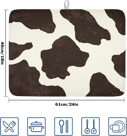 Milk Cow Drying Mat 24x18 Inch, Brown White Cowhide Drying Mat with Absorbent Reversible Microfiber, Cattle Fur Farmhouse Dish Drainer Mats Summer Rack Pad for Coffee Countertop Kitchen Protector