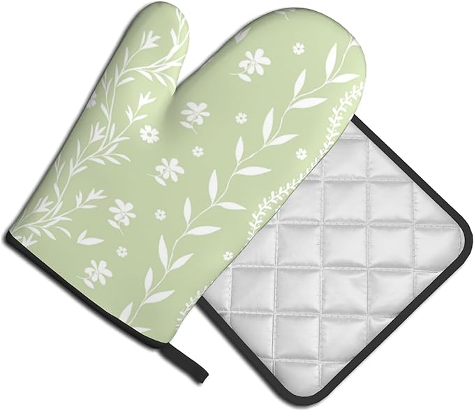Sage Green Oven Mitt Pot Holder Set Floral BBQ Cooking Gloves Farmhouse Botanical Baking Grilling Kitchen Gifts for Spring Summer - Image 2