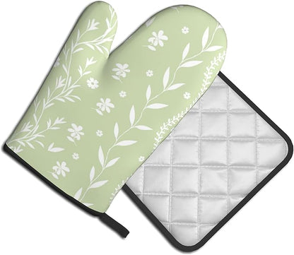 Sage Green Oven Mitt Pot Holder Set Floral BBQ Cooking Gloves Farmhouse Botanical Baking Grilling Kitchen Gifts for Spring Summer - Image 2