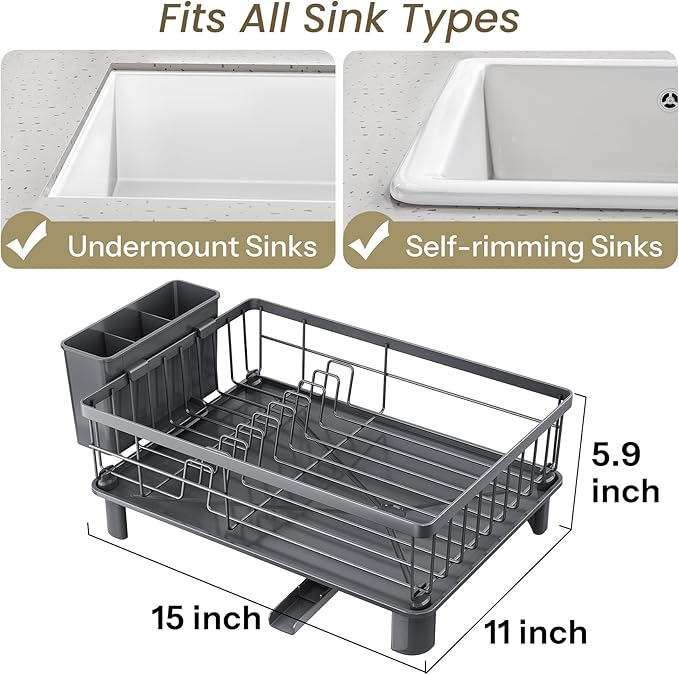 SNTD Dish Drying Rack - Small Dish Rack for Kitchen Counter, Stainless Steel Dish Drainer with Utensil Holder and Drainboard, 11" W x 15" L (Grey) - Image 2