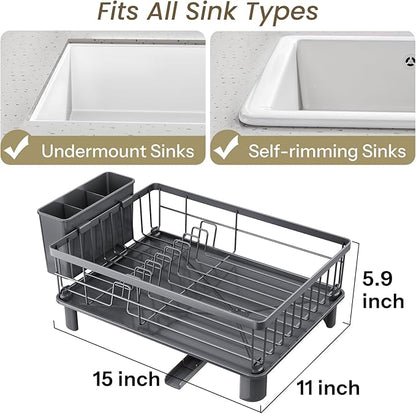 SNTD Dish Drying Rack - Small Dish Rack for Kitchen Counter, Stainless Steel Dish Drainer with Utensil Holder and Drainboard, 11" W x 15" L (Grey) - Image 2
