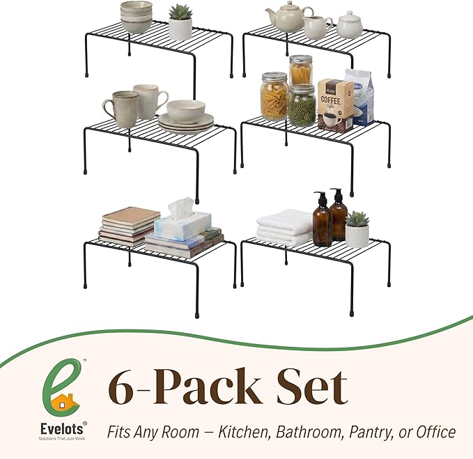 Evelots Kitchen Cabinet Wire Shelf Organizer/Rack - 6 Pack Sturdy Metal Shelf Risers - Double Your Counter Space - Great for Kitchen, Freezer, Pantry and Bathroom - Rustproof - Black - Image 7