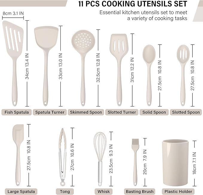 HaWare 11 PCS Silicone Cooking Utensils Set, Heat Resistant Kitchen Utensils with Holder, Food-grade Spatula Sets for Nonstick Cookware, Kitchen Tools Gadgets Include Fish Turner, Spoon (Khaki) - Image 2