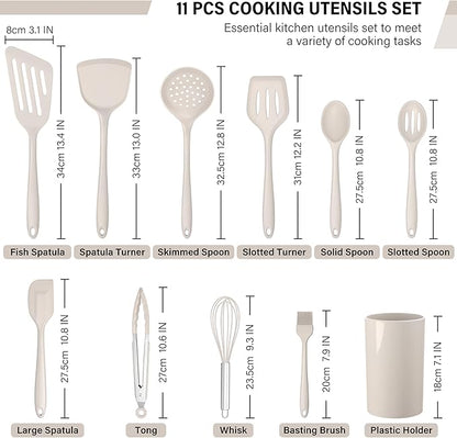 HaWare 11 PCS Silicone Cooking Utensils Set, Heat Resistant Kitchen Utensils with Holder, Food-grade Spatula Sets for Nonstick Cookware, Kitchen Tools Gadgets Include Fish Turner, Spoon (Khaki) - Image 2
