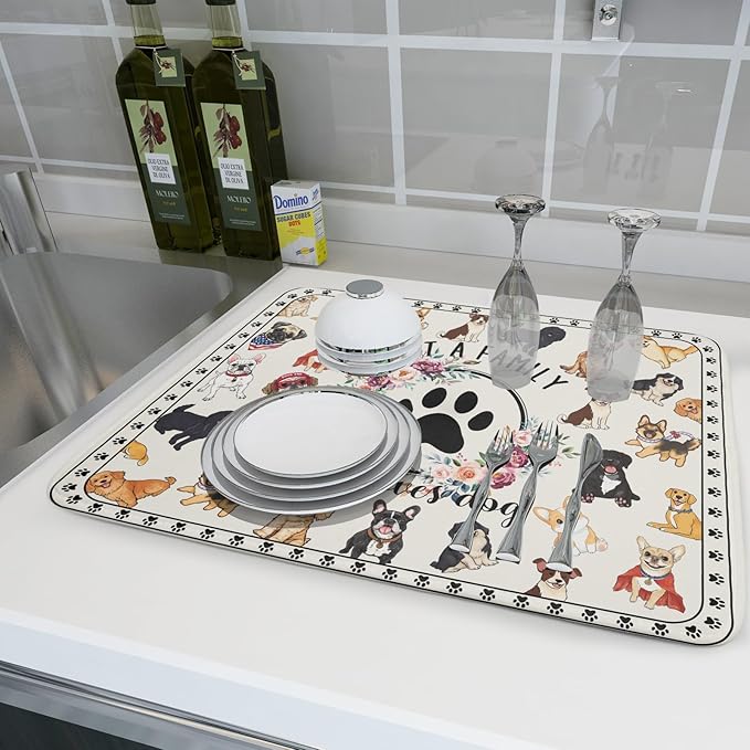 Dog Family Dish Drying Mat Cartoon Pet 18 X 24 in Absorbent Printed Drying Pad for Dog Lover - Image 6