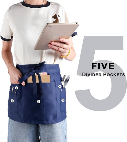 Server Apron with 5 Pockets - Rivet buckle Unisex Short/Half Waiter Waist Short Apron