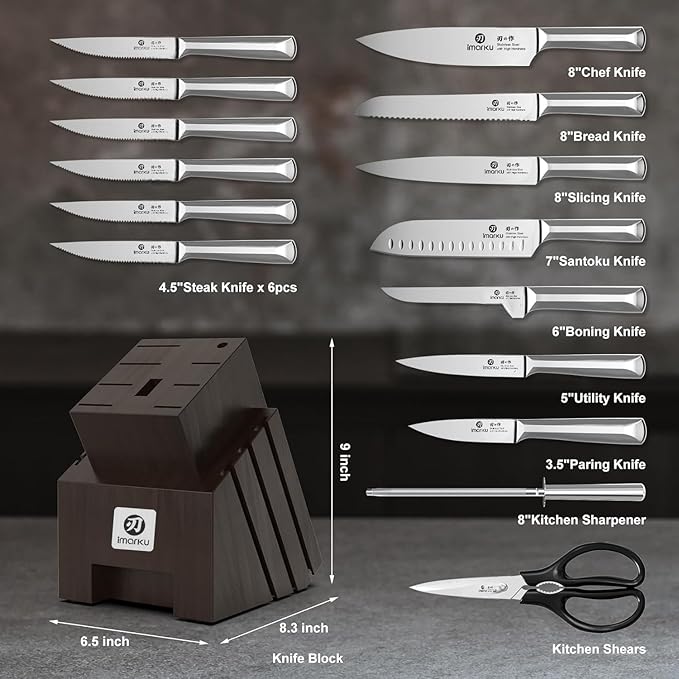 imarku Knife Set, 16Pcs Japanese Knife Set with Block & Built-in Sharpener, High Carbon Stainless Steel Kitchen Knives, Non-Slip Ergonomic Handle, Dishwasher Safe, Home Essentials Perfect for Gifts - Image 6