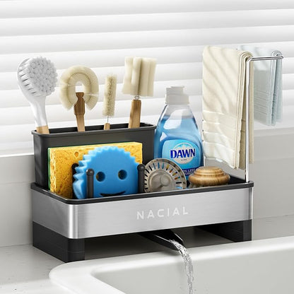 Nacial Kitchen Sink Caddy Organzier with High Brush Holder, Sponge Holder for Kitchen Sink with Two Towel Racks - Rustproof 304 Stainless Steel Kitchen Countertop Storage Essentials by NacialPromise-Consumersfirstalways