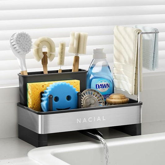 Nacial Kitchen Sink Caddy Organzier with High Brush Holder, Sponge Holder for Kitchen Sink with Two Towel Racks - Rustproof 304 Stainless Steel Kitchen Countertop Storage Essentials by NacialPromise-Consumersfirstalways