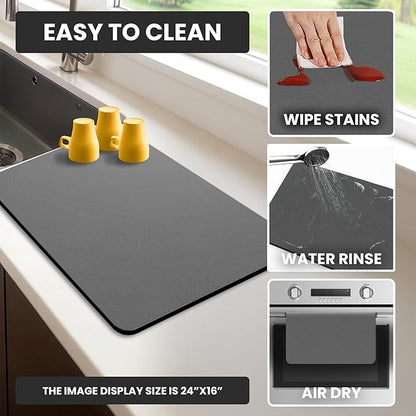 Dish Drying Mat Super Absorbent – 16" x 12" Coffee Mat for Countertops – Non-Slip Drying Mat for Kitchen Counter – Easy to Clean Water Absorbent Mat – Quick Dry Dish Drying Mats (Dark Gray)