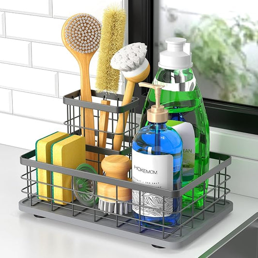 Kitchen Sink Caddy Organizer, [Stay-Dry Anywhere & No Drainage Needed] Sponge Holder for Kitchen Sink Countertop,Stainless Steel with Rust-Resistant Coating-10.24" L x 6.5" W x 5.83" H by HOKEMOM