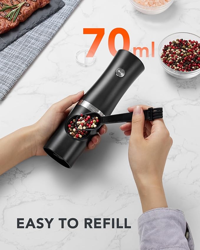 FORLIM Rechargeable Electric Salt and Pepper Grinder Set with Charging Base, Automatic Pepper Mill, Adjustable Coarseness, White LED Light, USB Type-C Cable, One Hand Operation, 2 Mills - Image 2