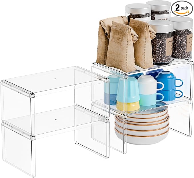 Yieach 4 Pack Acrylic Cabinet Organizer,2 Tier Stackable Shelves for Cabinets,RV Pantry Organization,Counter Space Saver Desk Organizers,Cupboard Shelf and Cabinet Stand & Risers for Mug,Cup,Dish by Yieach
