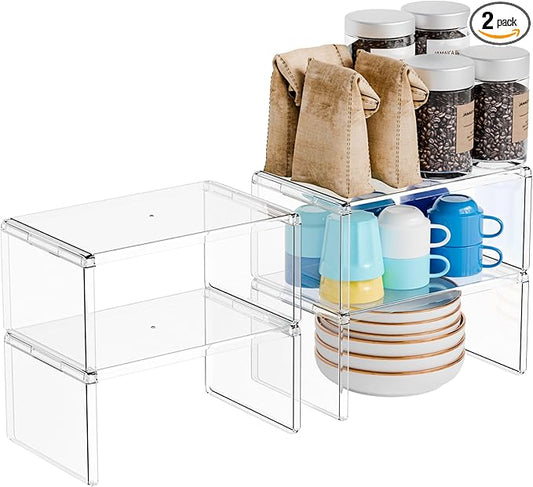 Yieach 4 Pack Acrylic Cabinet Organizer,2 Tier Stackable Shelves for Cabinets,RV Pantry Organization,Counter Space Saver Desk Organizers,Cupboard Shelf and Cabinet Stand & Risers for Mug,Cup,Dish by Yieach