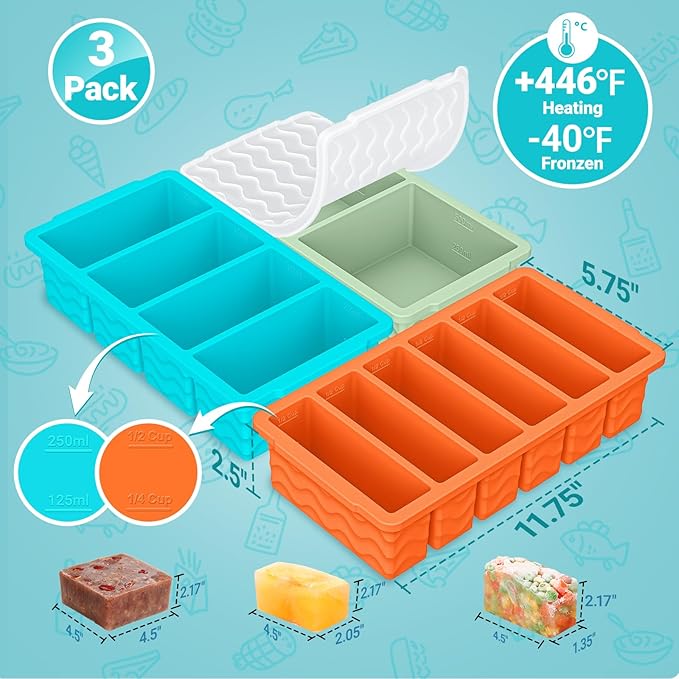 Doasuwish 3-Pack Silicone Freezer Trays with Lid,2 Large 2-Cup(500ml)&4 Medium 1-Cup(250ml)&6 Small 1/2-Cup(125ml) Soup Freezer Container Molds,Ice Cube Tray For Meal Prep&Freezing Soup,Stews,Sauces