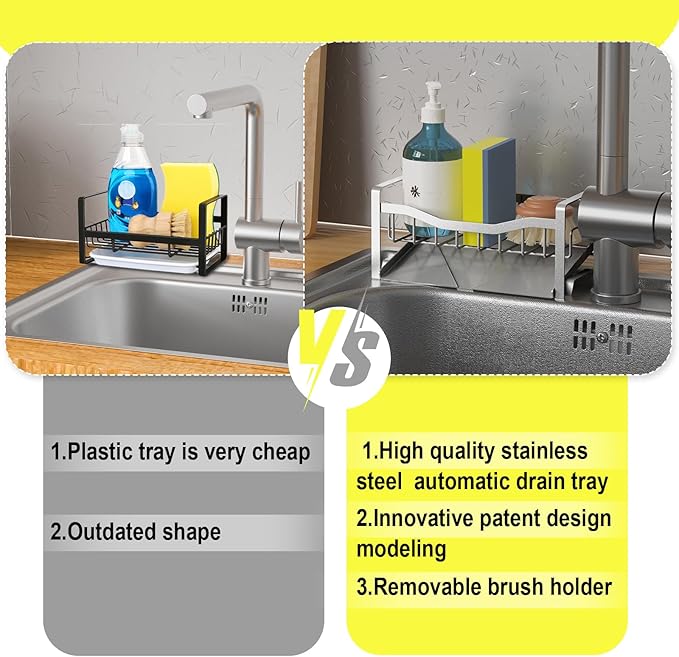 Maifan Kitchen Sink Caddy Organizer Sponge Holder for Kitchen Sink with Stainless Steel Auto Drain Tray, Self Drain Dish Soap Sponge Caddy Rack for Countertop Storage Gadgets Silver Grey - Image 4