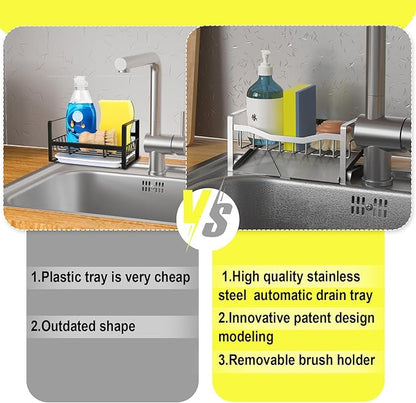 Maifan Kitchen Sink Caddy Organizer Sponge Holder for Kitchen Sink with Stainless Steel Auto Drain Tray, Self Drain Dish Soap Sponge Caddy Rack for Countertop Storage Gadgets Silver Grey - Image 4