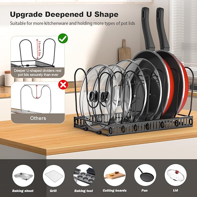 Housolution Pot and Pan Organizer Rack for Cabinet, Pot Lid Organizer with 7 Adjustable Dividers, Pan Holder Storage Rack for Kitchen Cabinet, Black - Image 2