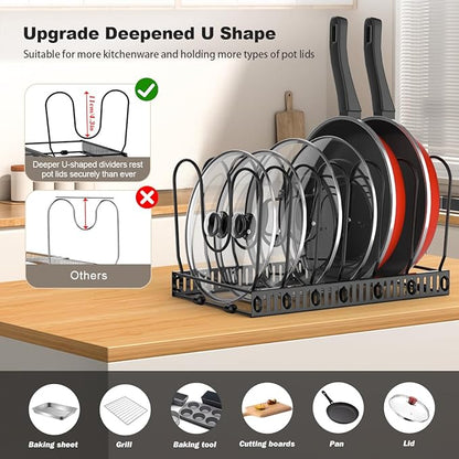 Housolution Pot and Pan Organizer Rack for Cabinet, Pot Lid Organizer with 7 Adjustable Dividers, Pan Holder Storage Rack for Kitchen Cabinet, Black - Image 2