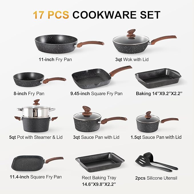 DishDelight 17 Piece Pots and Pans Set Non Stick, Nonstick Induction Granite Kitchen Cookware Set, Non Toxic Cookware Set with Frying Pans and Saucepan, Cooking Sets Pots and Pans, Black - Image 7
