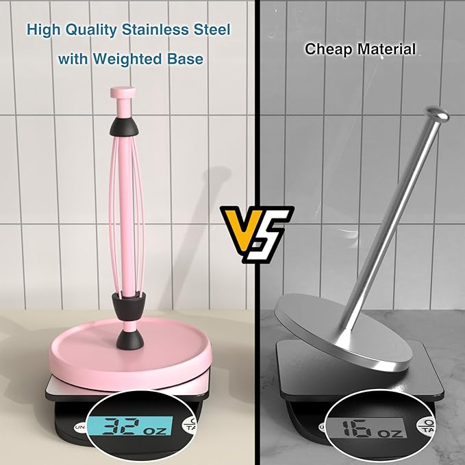 Pink Paper Towel Holder Countertop, Pink Kitchen Accessories Decor, Stainless Steel, Weighted Base, Paper Towel Roll Holder Stand with Ratchet Mechanism for Kitchen Bathroom Farmhouse Essentials - Image 5