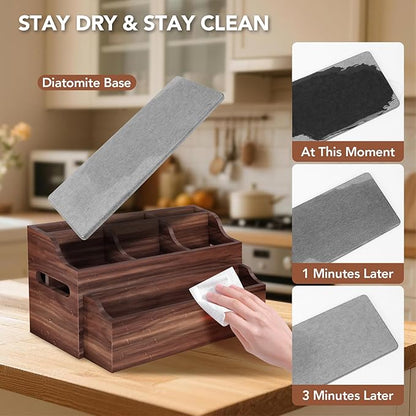 Wooden Kitchen Utensil Holder for Countertop, Large Utensil Organizer with Removeable Dividers, Wall Mount Kitchen Organizer for Cooking Tools & Silverware, with Spoon Rest and Diatomite Base