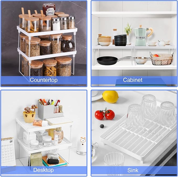 NiHome 4-Pack Stackable Plastic Kitchen Storage Shelf Foldable Rack - White Kitchen Cabinet Organizer and Storage Shelves Stackable Expandable Storage Racks for Counter Cabinet Pantry - Image 2
