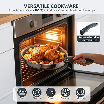 Ciwete Hybrid Non Stick Frying Pans Set 4-Piece, 8 & 9.5 Inch Tri-Ply Stainless Steel Pans with Lid and Detachable Handle, PFOA Free Skillets for All Cooktops, Dishwasher & Oven-Safe Cookware Set