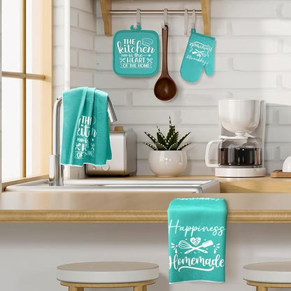 Sratte 6 Pcs Kitchen Decor Accessories Set Farmhouse Towels Pot Holders Oven Mitts Set 2 Dish Towels 2 Potholders 2 Cooking Mittens Oven Glove for Christmas Baking Cooking Supply(Light Teal,Kitchen) - Image 6