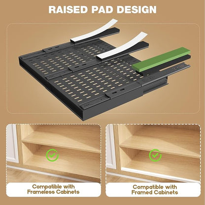 Seinloes 2 Pack Pull Out Cabinet Organizer With Raising Pad for Framed Cabinets,Expandable Width (15"-25") and Depth (17"-24"),3 Slide Rails Slide Out Drawers with Handle,No-Drill Roll Out Shelf,Black - Image 3