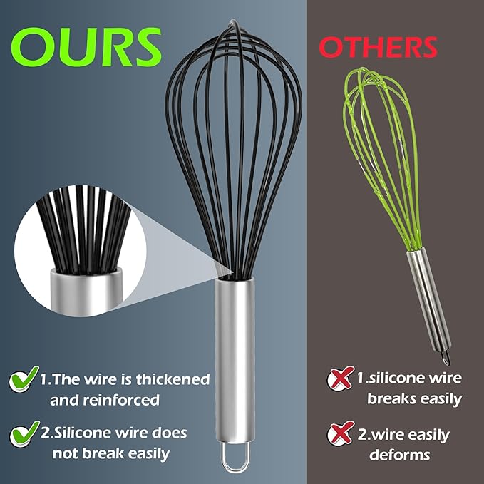 Silicone Whisk, Stainless Steel Wire Whisk Set - 3 PCS Rubber Whisks for Cooking, Non-stick Cookware, Kitchen, Balloon Egg Beater Perfect for Blending, Whisking, Black - Image 3