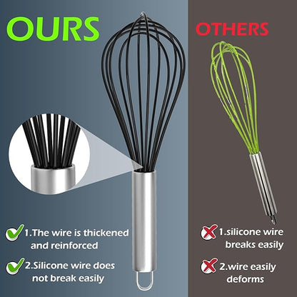 Silicone Whisk, Stainless Steel Wire Whisk Set - 3 PCS Rubber Whisks for Cooking, Non-stick Cookware, Kitchen, Balloon Egg Beater Perfect for Blending, Whisking, Black - Image 3