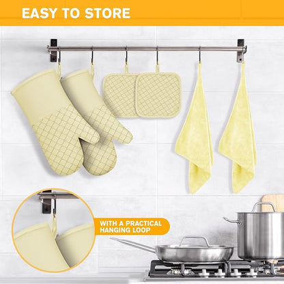 6 Pcs Oven Mitts and Pot Holders, 500℉ Heat Resistant Oven Mitts with Kitchen Towels Soft Cotton Lining and Non-Slip Silicone Surface Safe for Baking, Cooking, BBQ (Milkshake/Beige) - Image 6