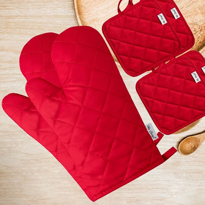 Oven Mitts and Pot Holders Sets,6 Pcs Oven Mitts and Potholders with Recycled Cotton High Heat Resistant Extra Thick Long Oven Mitts for Cooking(Red) - Image 2